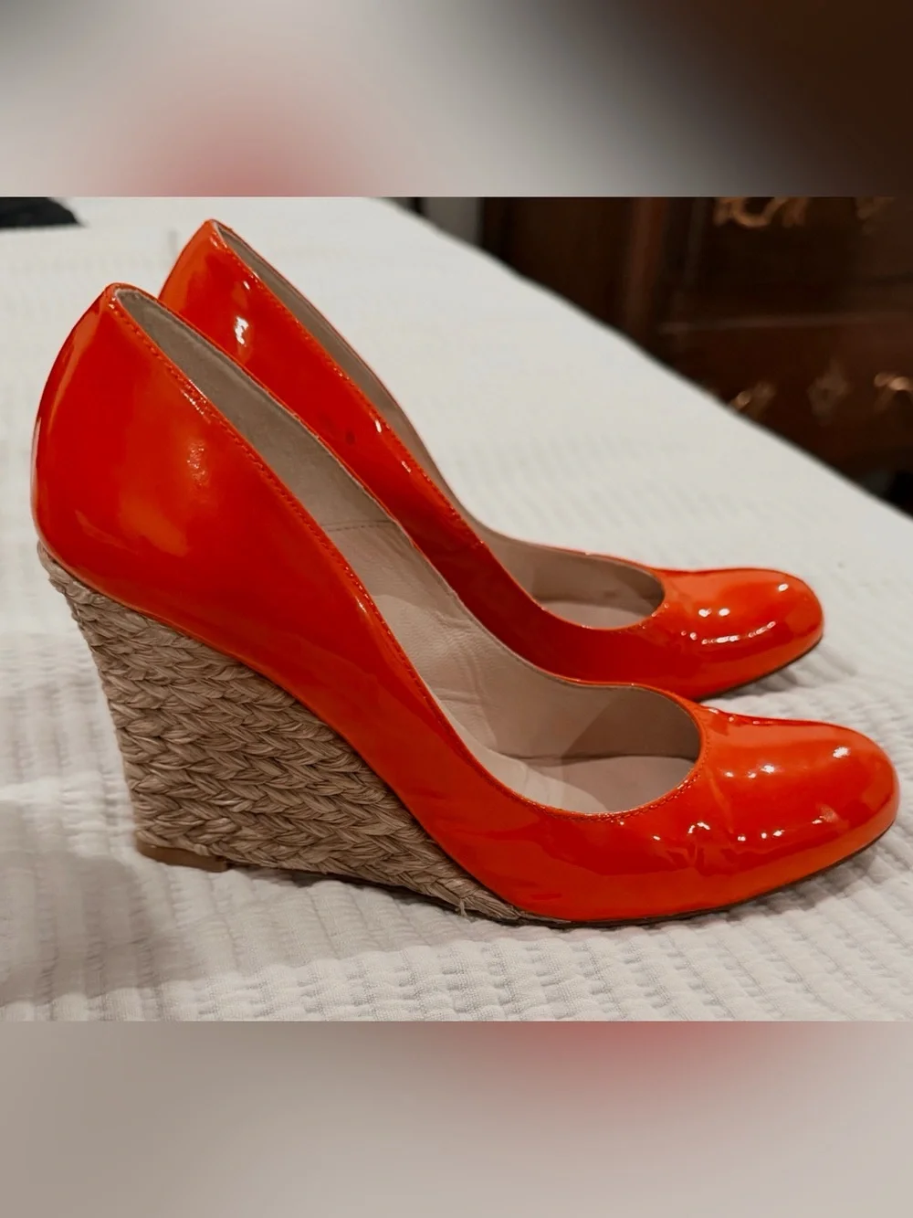 L.K. Bennett Maddox Patent Leather Woven Wedge Pumps - Orange/Red - EU Size 7
